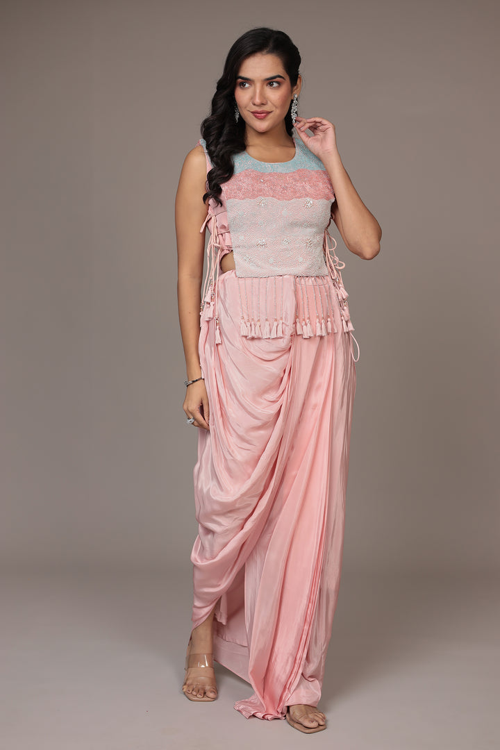 Embellished Silk Indo Western (3Pc) with Drape Skirt