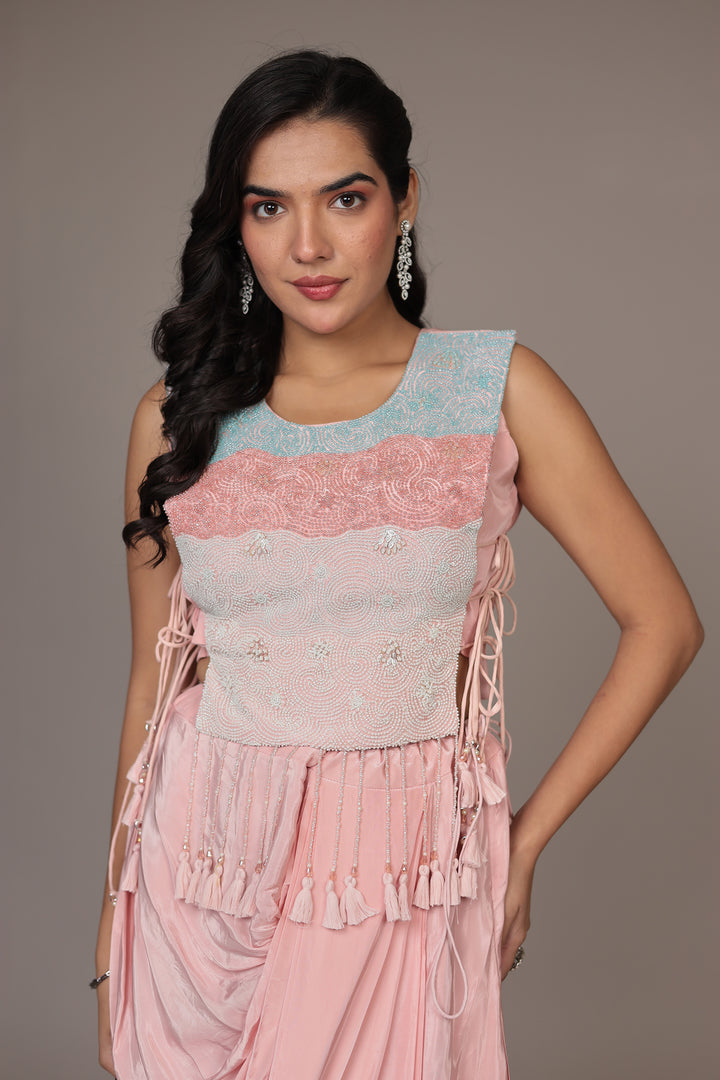 Embellished Silk Indo Western (3Pc) with Drape Skirt