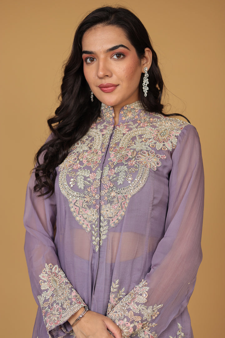 Crepe Silk Indo Western (3Pc) Embellished with Mirror and Thread work