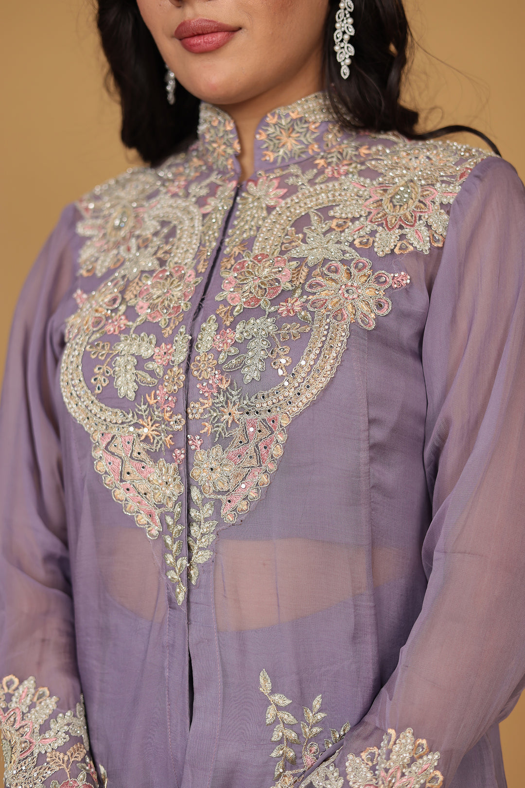 Crepe Silk Indo Western (3Pc) Embellished with Mirror and Thread work