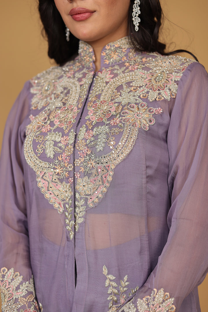 Crepe Silk Indo Western (3Pc) Embellished with Mirror and Thread work