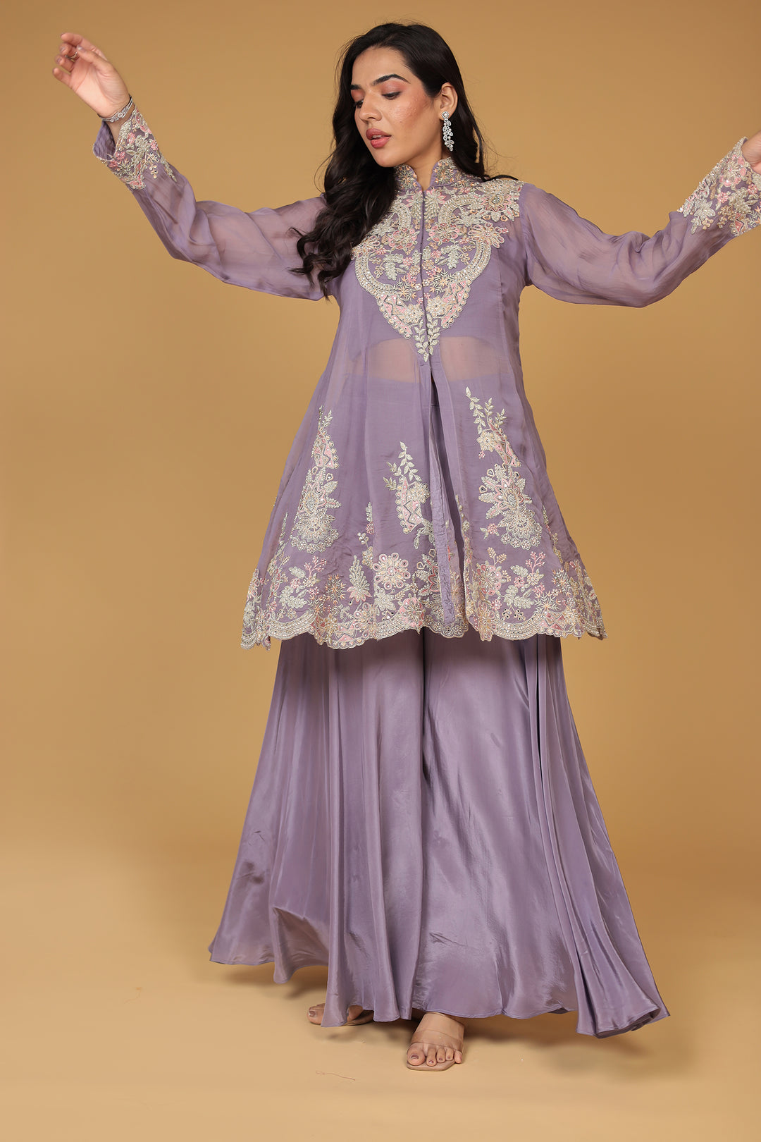 Crepe Silk Indo Western (3Pc) Embellished with Mirror and Thread work
