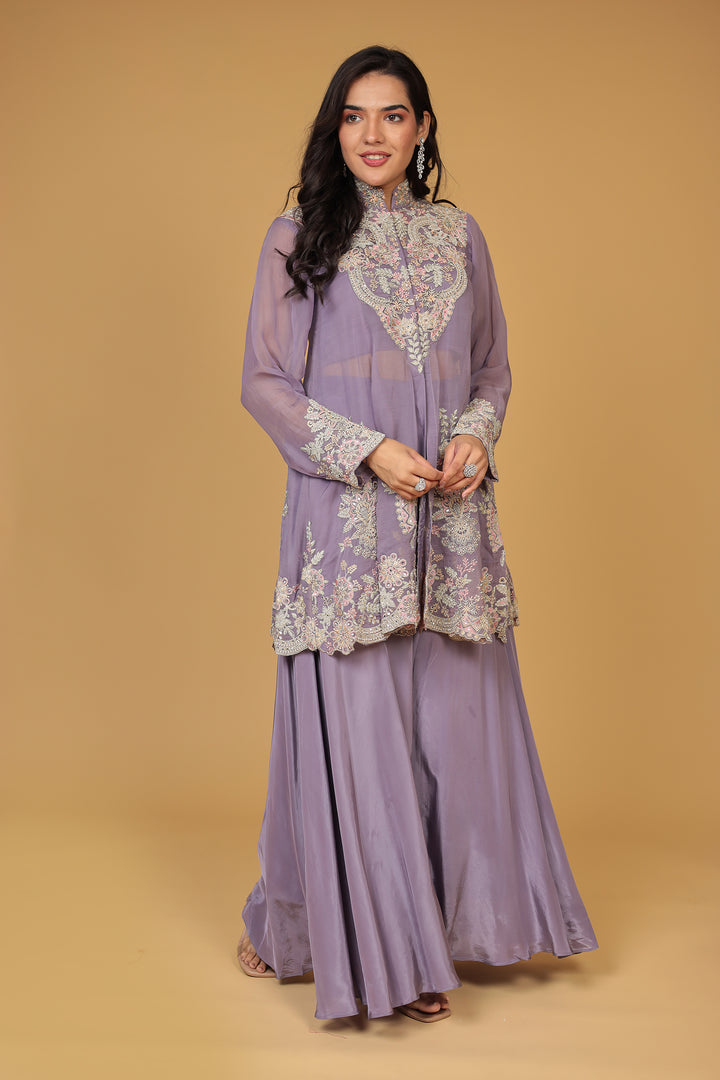 Crepe Silk Indo Western (3Pc) Embellished with Mirror and Thread work