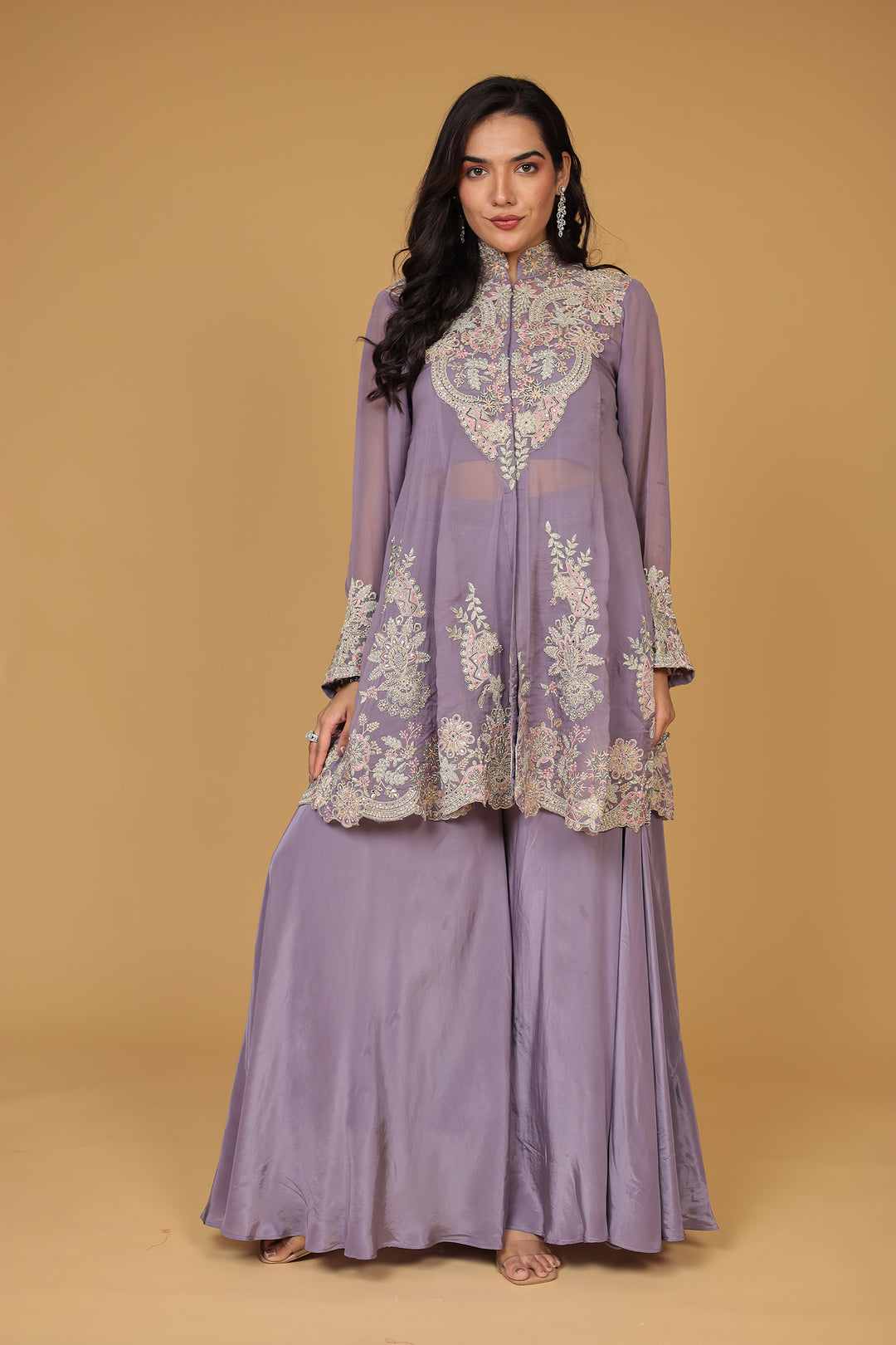 Crepe Silk Indo Western (3Pc) Embellished with Mirror and Thread work