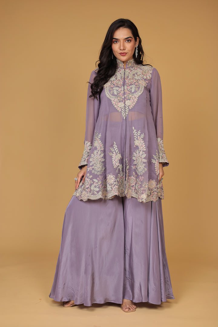 Crepe Silk Indo Western (3Pc) Embellished with Mirror and Thread work
