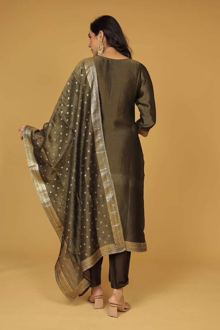 Banarasi Shimmer Tissue Kurta Set with Pearl and Zardozi work