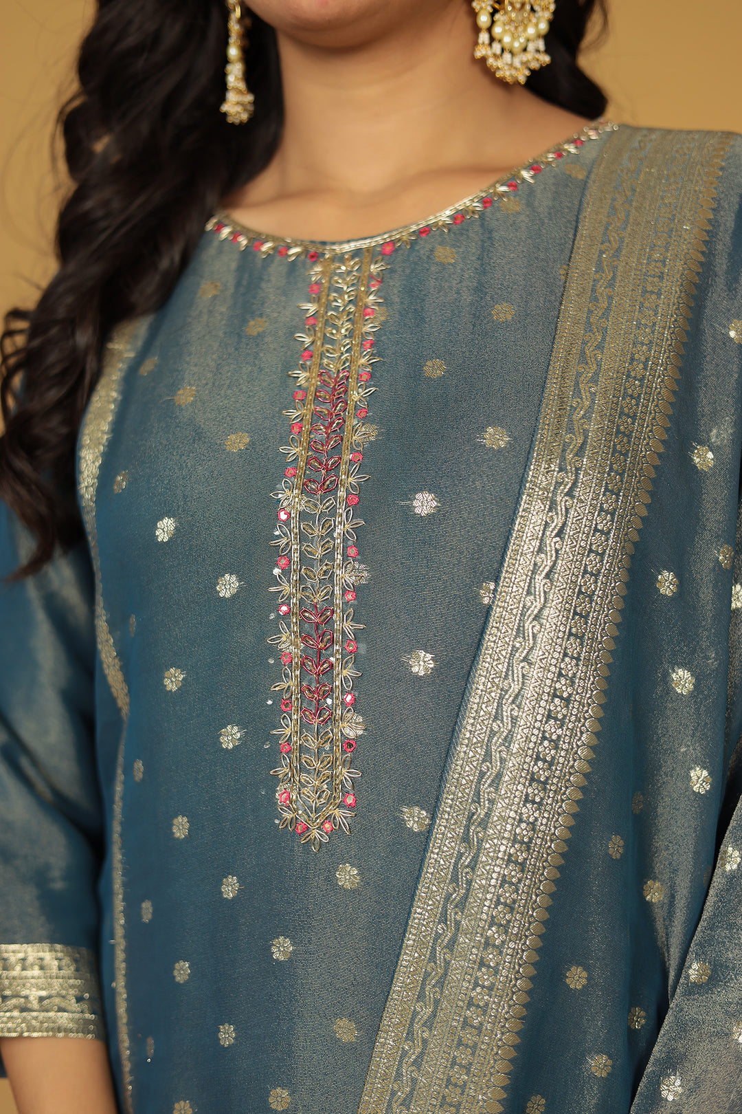 Banarasi Shimmer Tissue Kurta Set with Mirror and Zardozi work