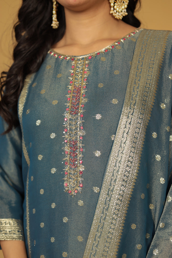 Banarasi Shimmer Tissue Kurta Set with Mirror and Zardozi work