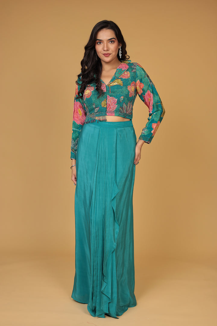 Printed Crepe Silk Indo Western (2Pc) with Stone and Zardozi work