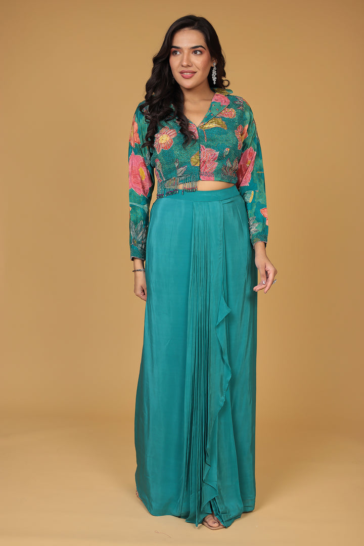 Printed Crepe Silk Indo Western (2Pc) with Stone and Zardozi work