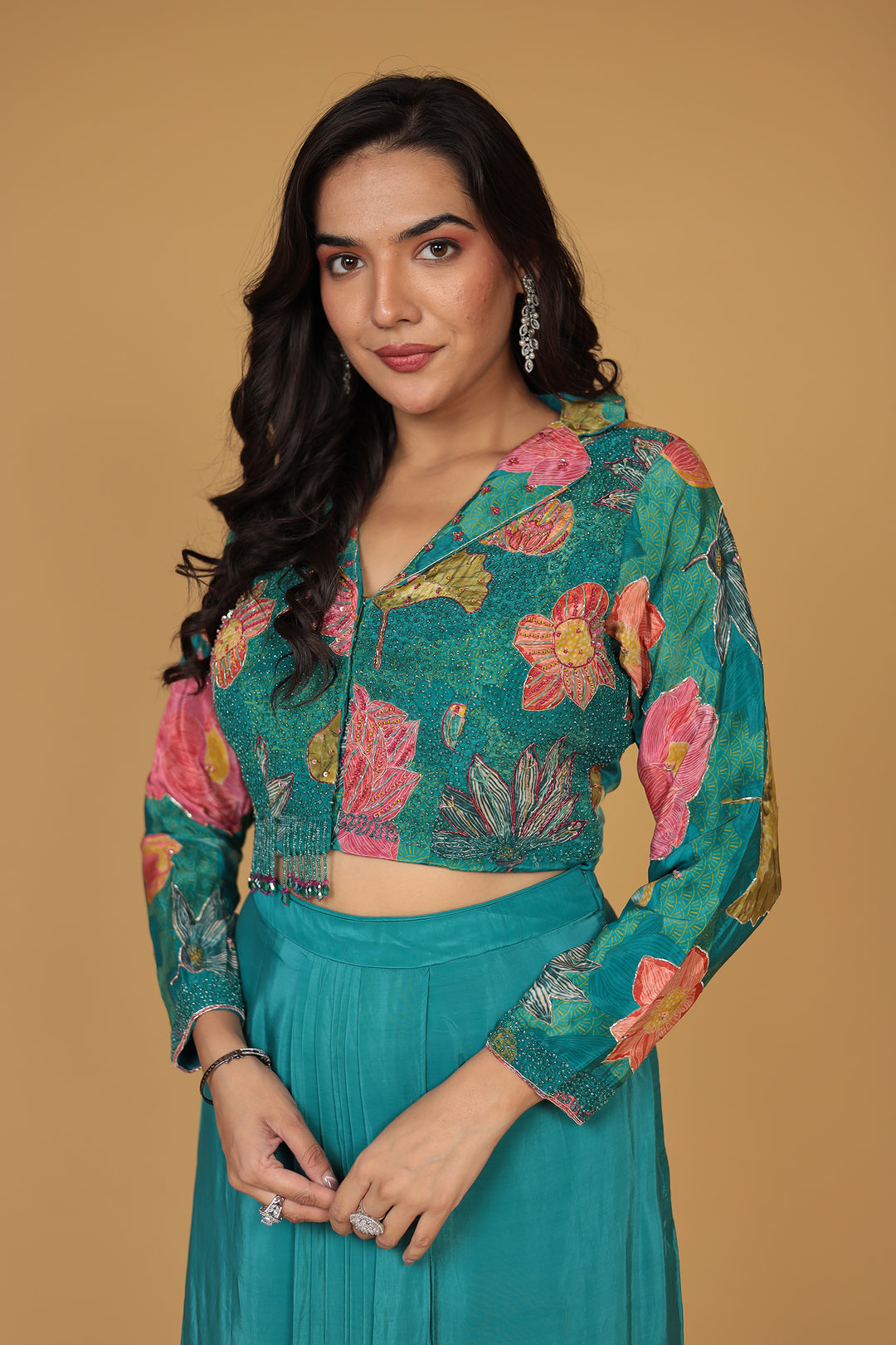 Printed Crepe Silk Indo Western (2Pc) with Stone and Zardozi work