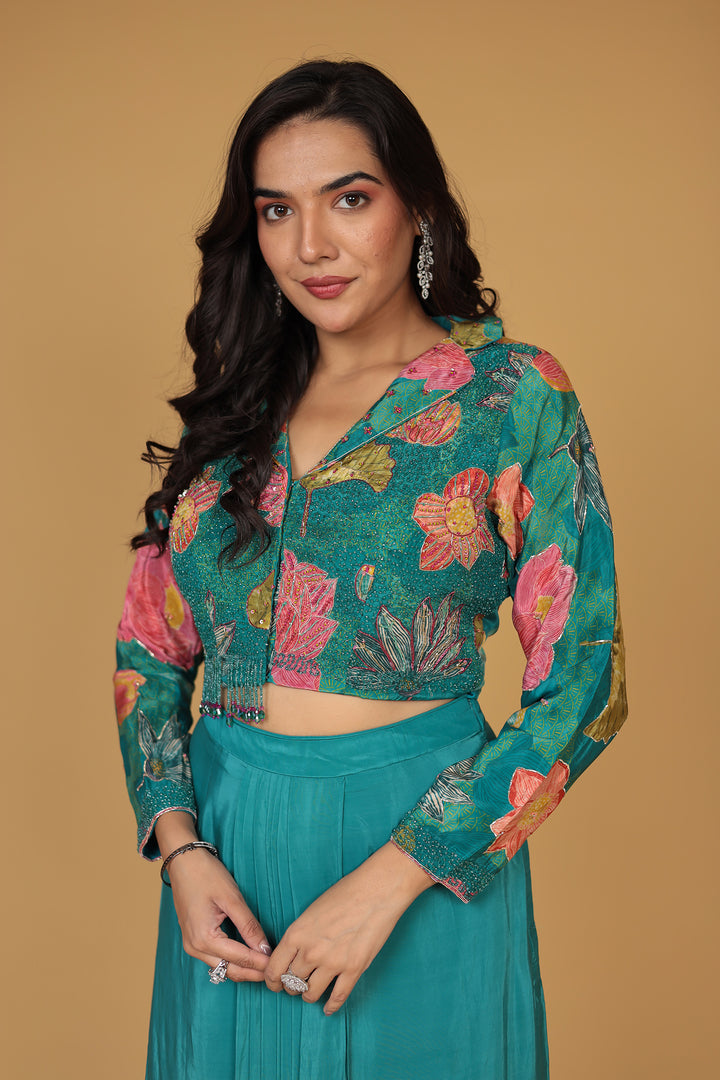 Printed Crepe Silk Indo Western (2Pc) with Stone and Zardozi work