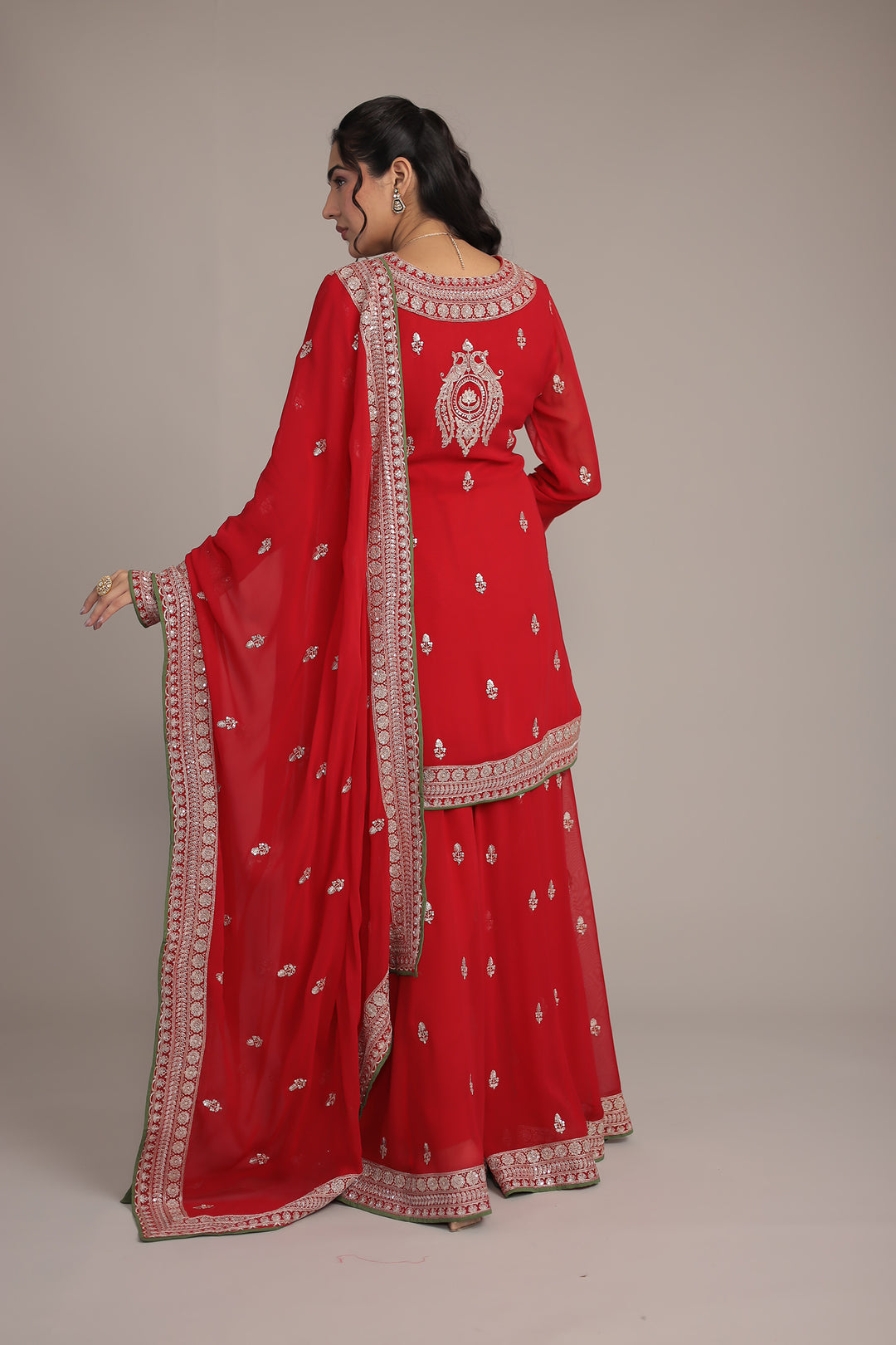 Graceful Red Georgette Suit with Intricate Aari & Sequins Detailing