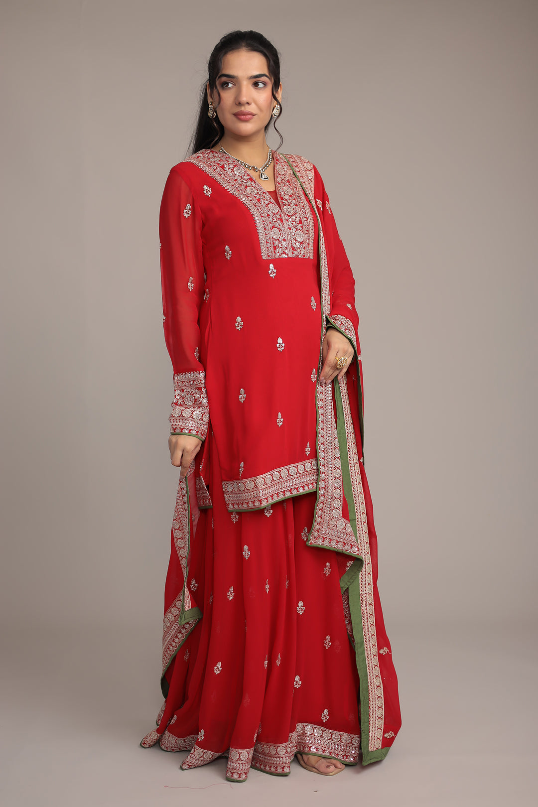 Graceful Red Georgette Suit with Intricate Aari & Sequins Detailing