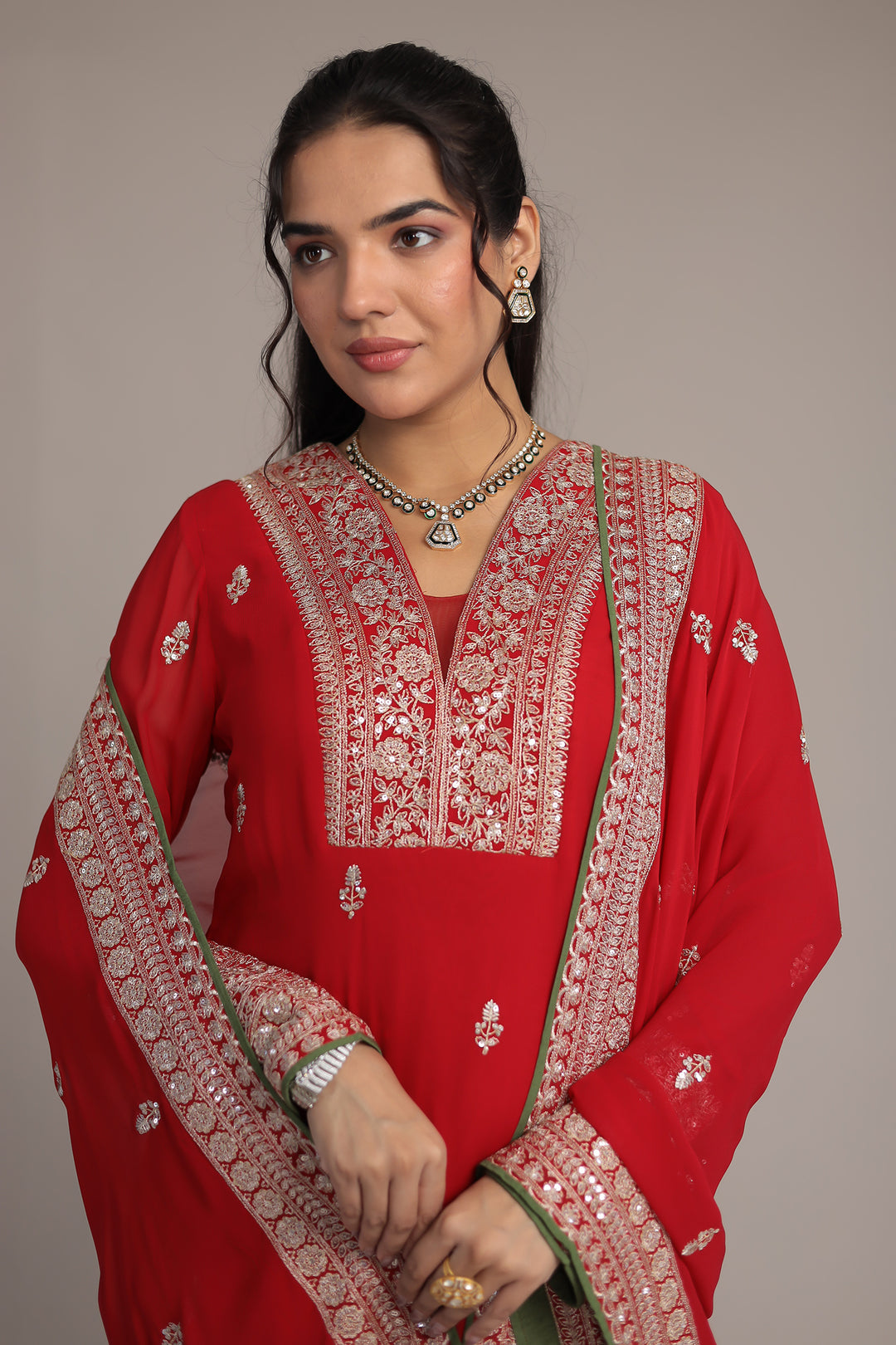 Graceful Red Georgette Suit with Intricate Aari & Sequins Detailing