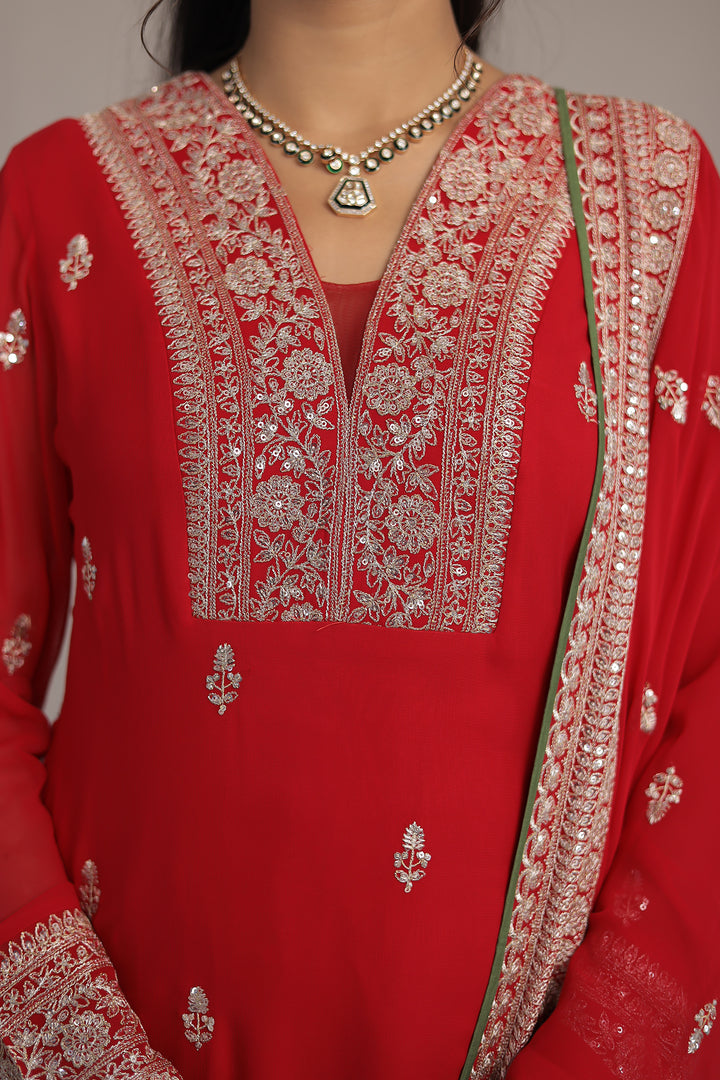 Graceful Red Georgette Suit with Intricate Aari & Sequins Detailing
