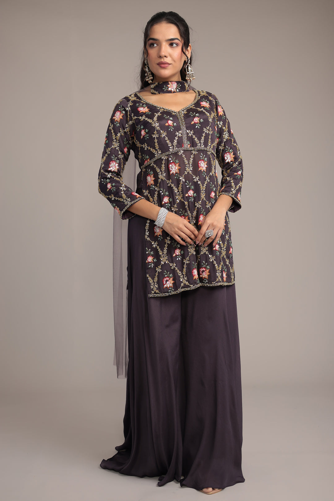 Chinon Peplum Silk Suit with Aari, Sequins and Thread work