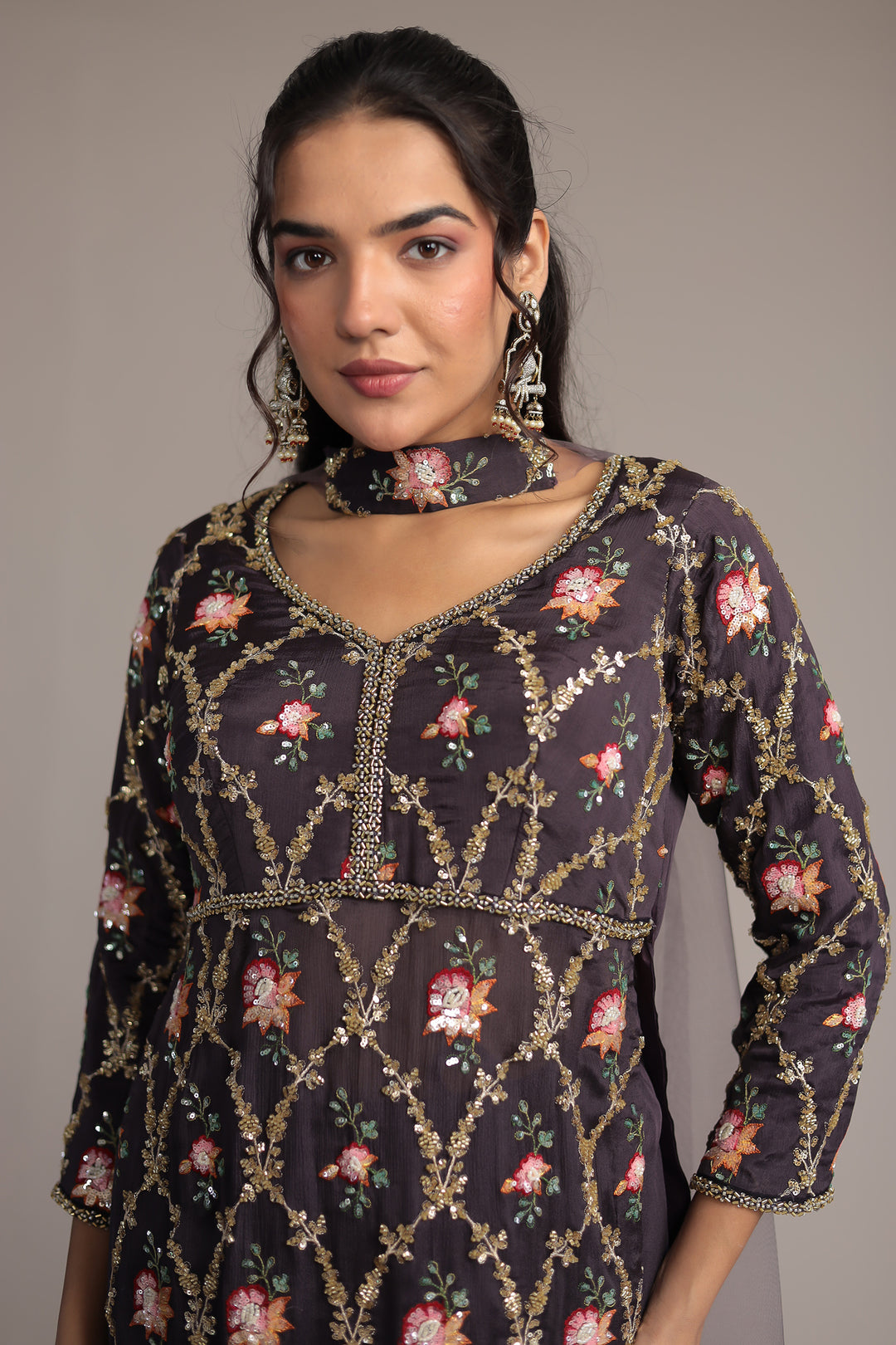 Chinon Peplum Silk Suit with Aari, Sequins and Thread work