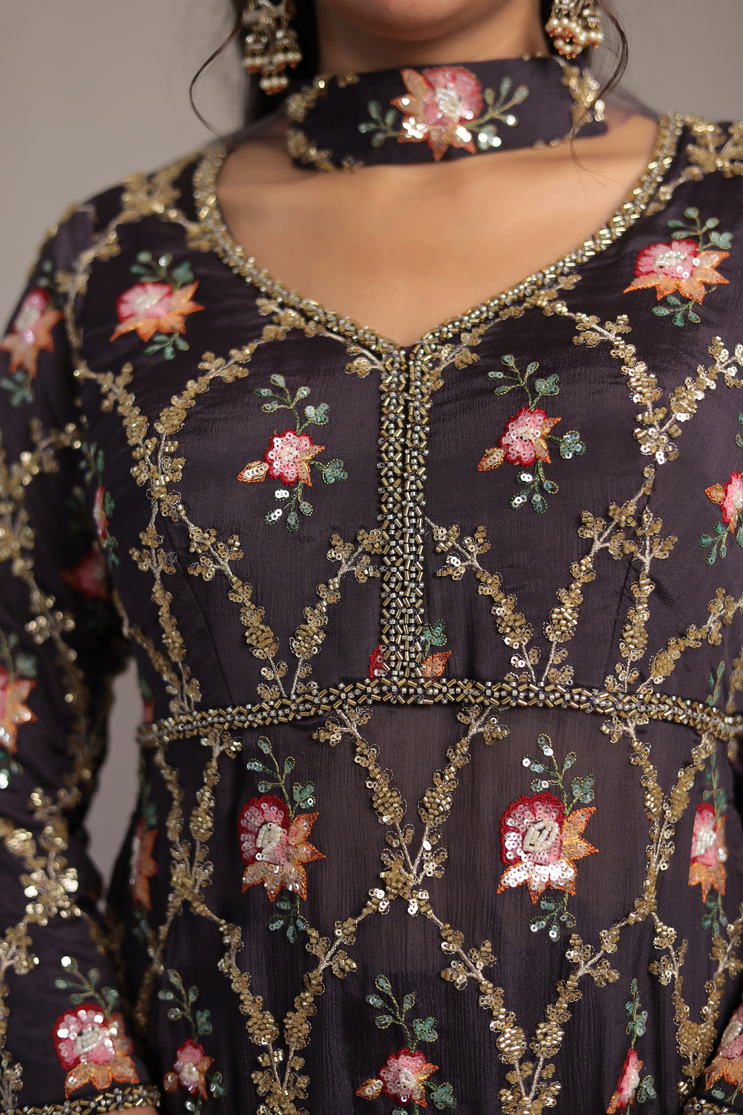 Chinon Peplum Silk Suit with Aari, Sequins and Thread work