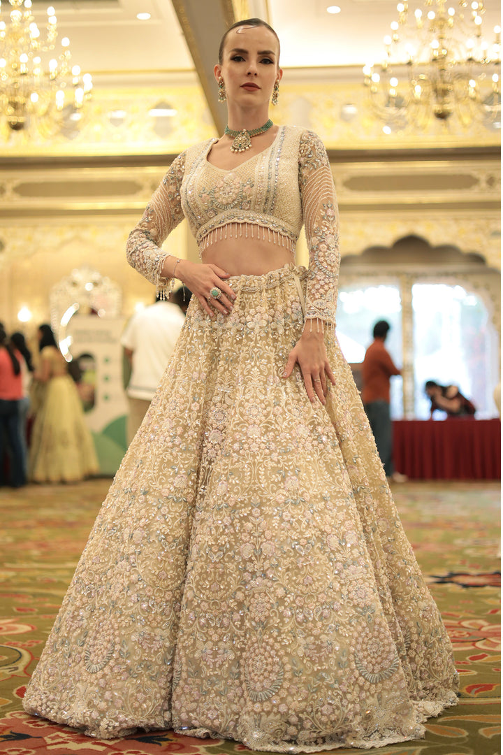 Elegant Net Lehenga with Pearl, Sequins and Thread work