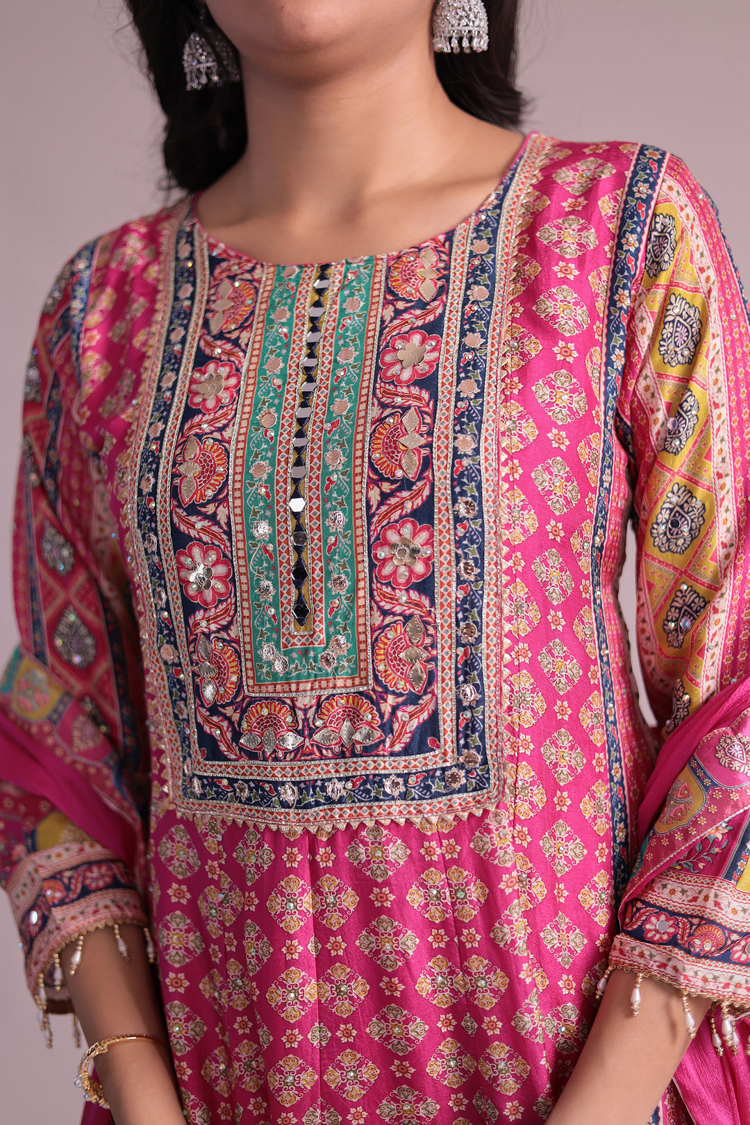 Printed Anarkali Chinon Silk Suit with Mirror and Stone work