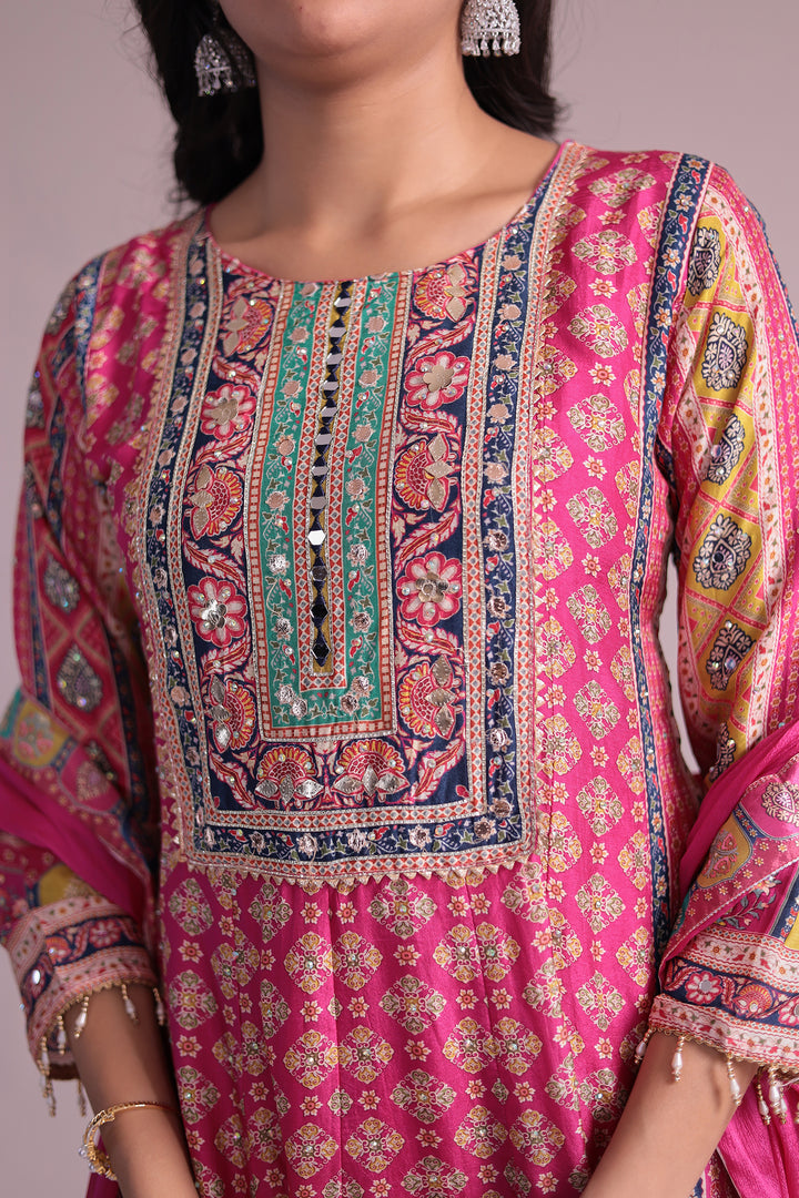 Printed Anarkali Chinon Silk Suit with Mirror and Stone work