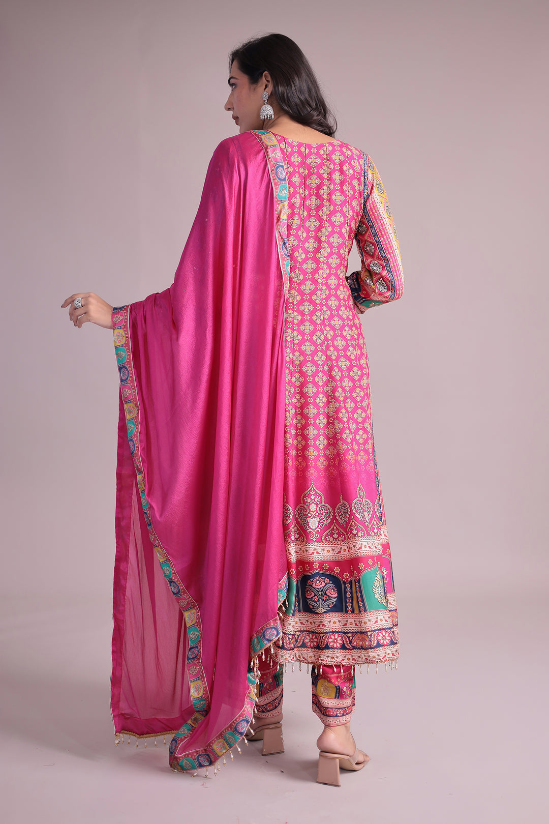 Printed Anarkali Chinon Silk Suit with Mirror and Stone work
