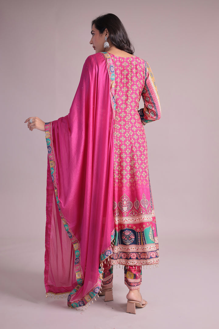 Printed Anarkali Chinon Silk Suit with Mirror and Stone work