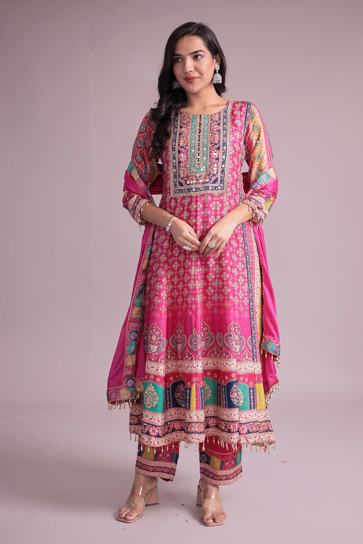 Printed Anarkali Chinon Silk Suit with Mirror and Stone work