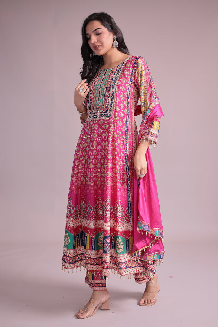 Printed Anarkali Chinon Silk Suit with Mirror and Stone work