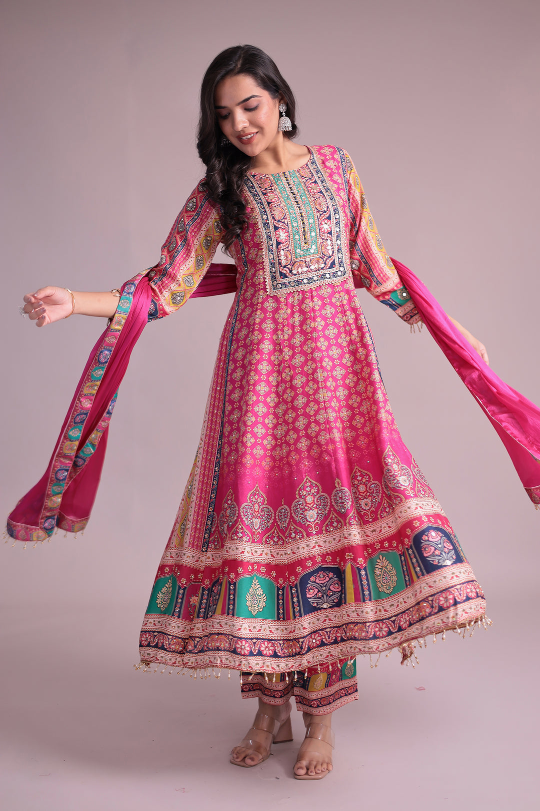 Printed Anarkali Chinon Silk Suit with Mirror and Stone work