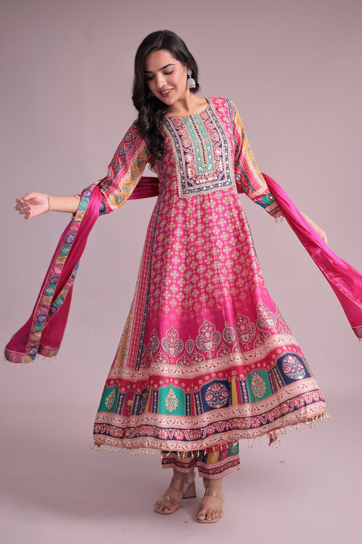Printed Anarkali Chinon Silk Suit with Mirror and Stone work