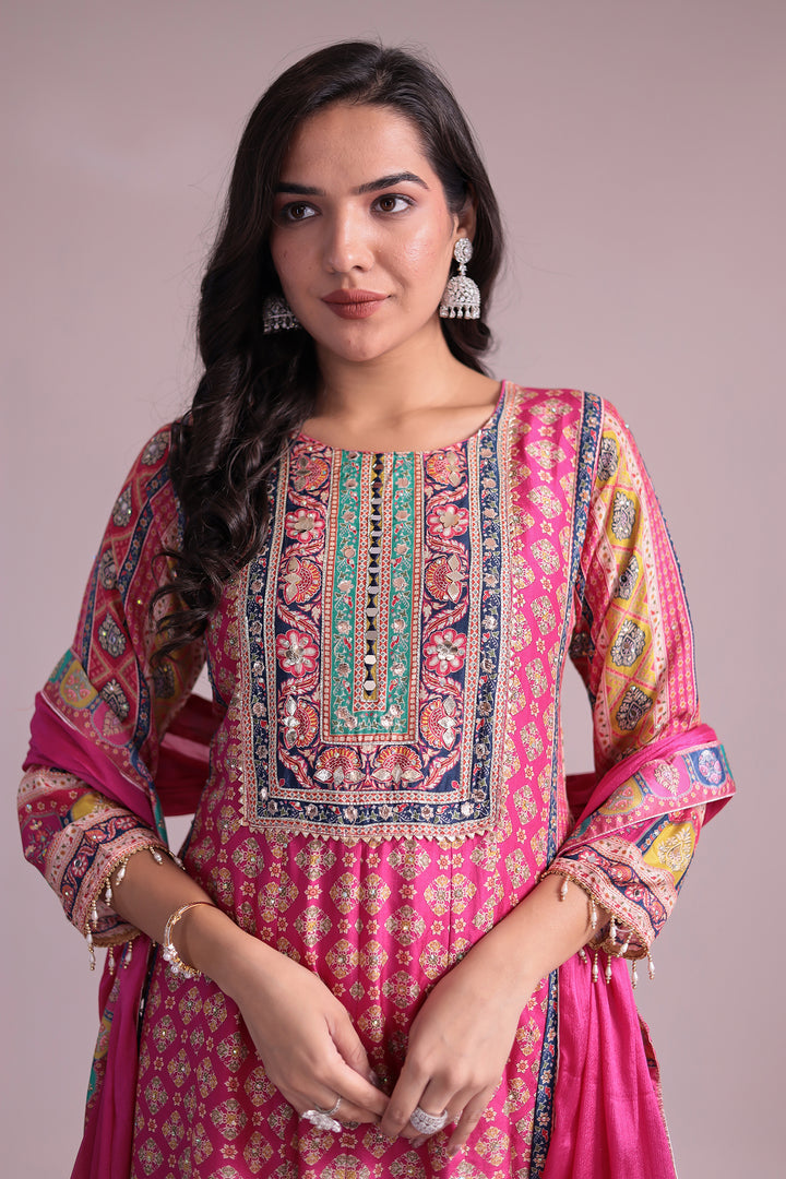 Printed Anarkali Chinon Silk Suit with Mirror and Stone work