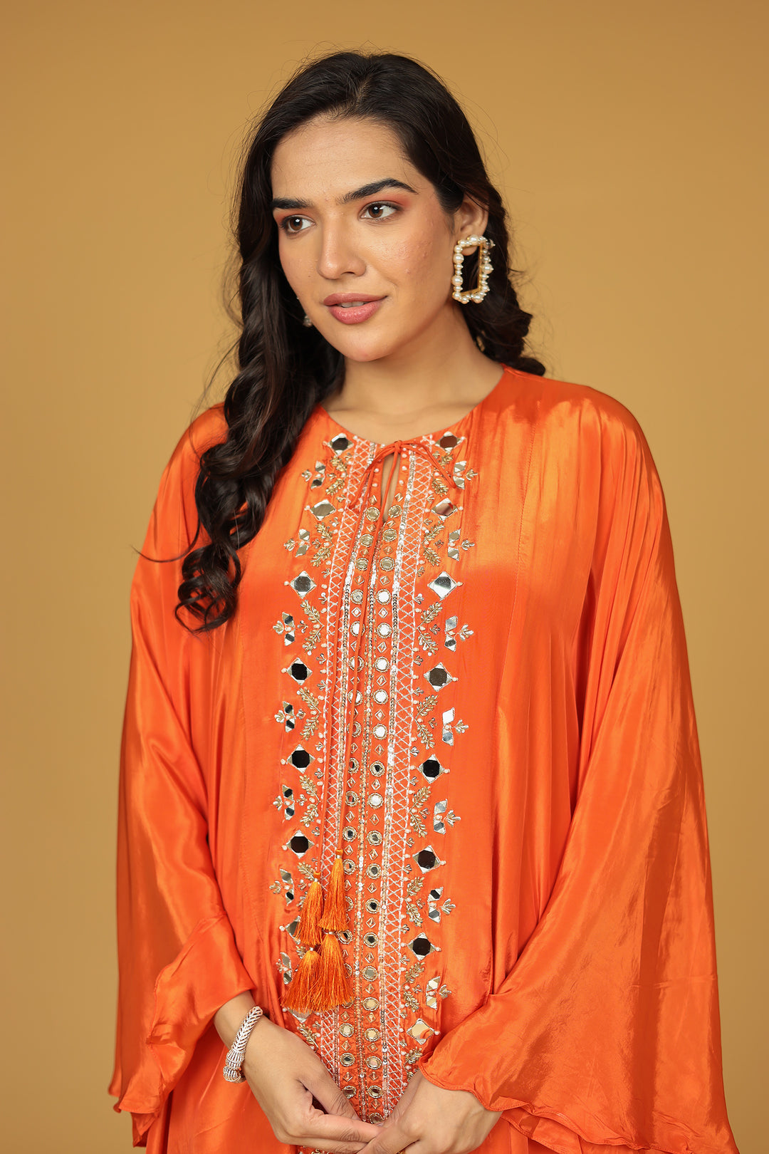 Chinon Silk Kaftan with Mirror, Pearl and Thread work