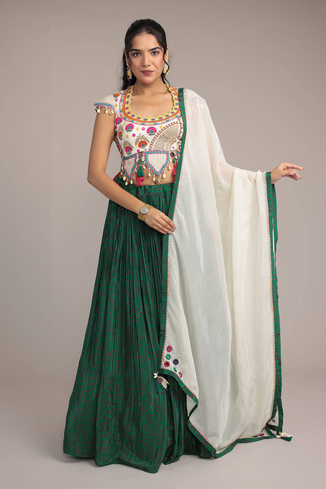 Printed Chinon Silk Embroidered Lehenga with Dori and Mirror work
