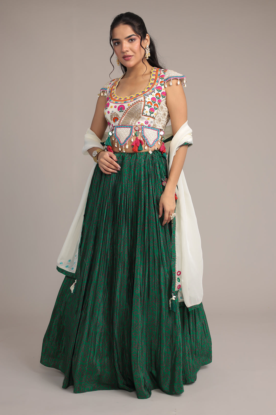 Printed Chinon Silk Embroidered Lehenga with Dori and Mirror work