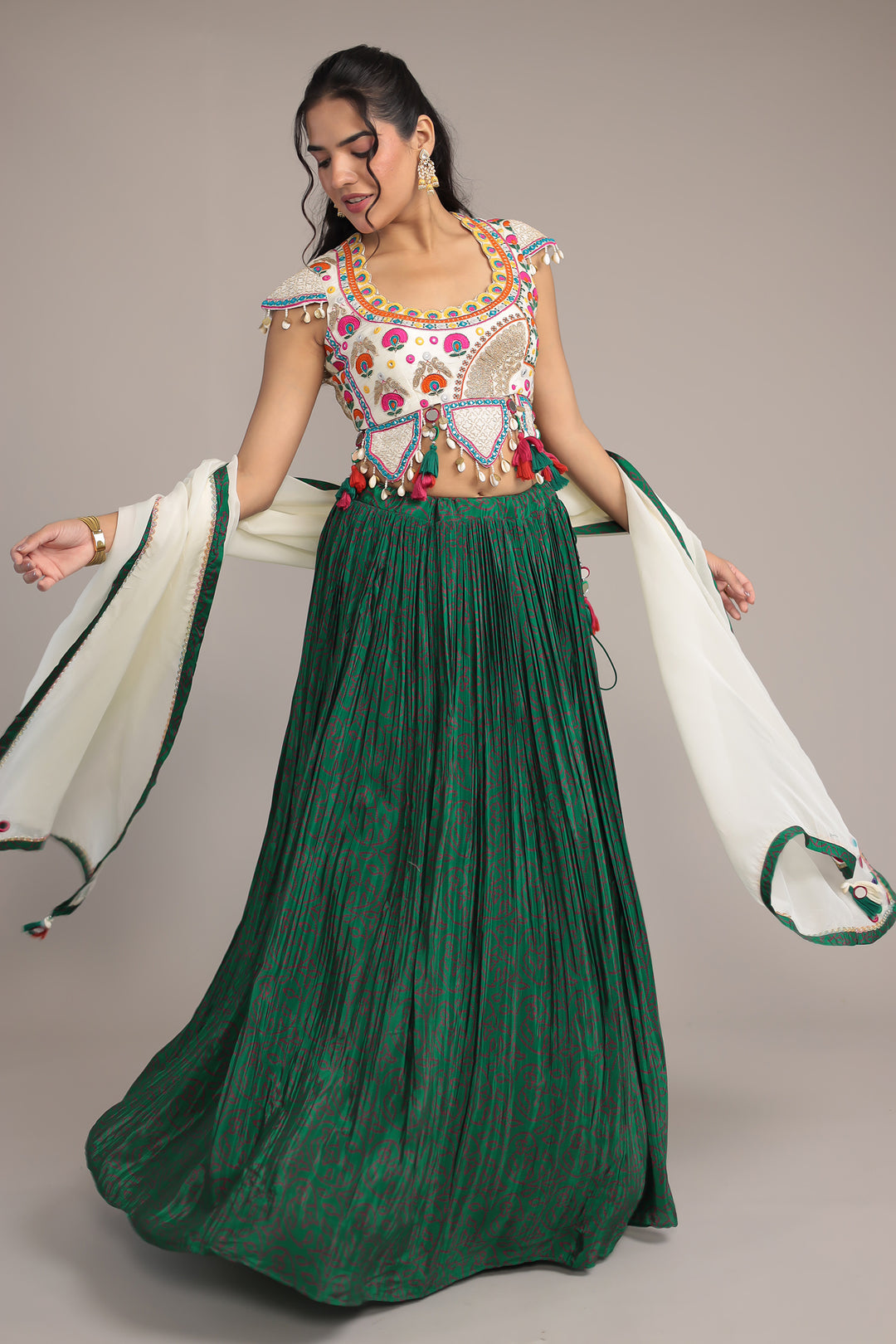Printed Chinon Silk Embroidered Lehenga with Dori and Mirror work