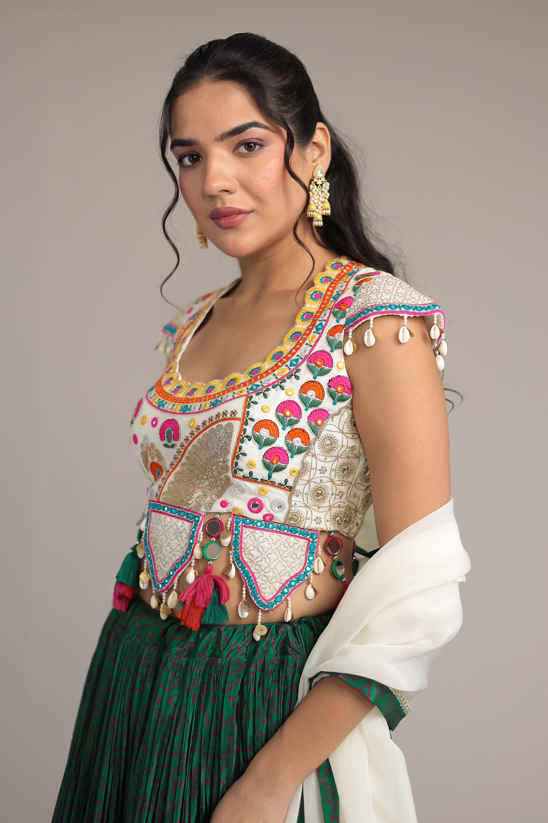 Printed Chinon Silk Embroidered Lehenga with Dori and Mirror work