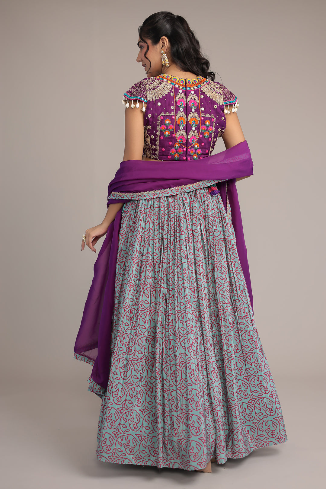 Printed Chinon Silk Embroidered Lehenga with Dori and Mirror work