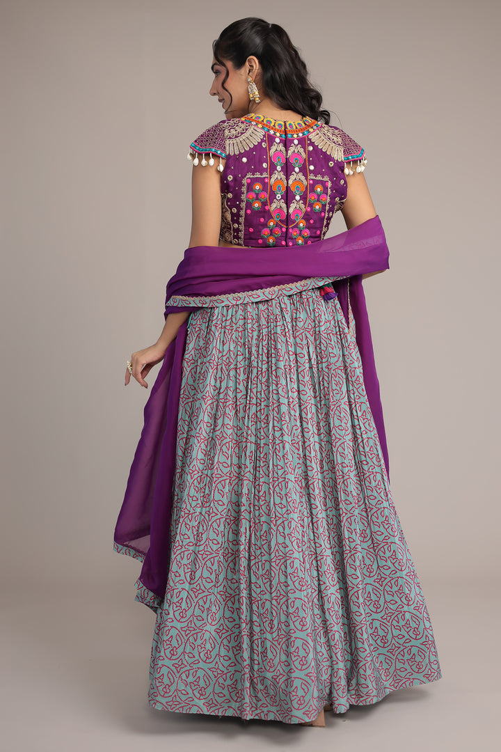 Printed Chinon Silk Embroidered Lehenga with Dori and Mirror work