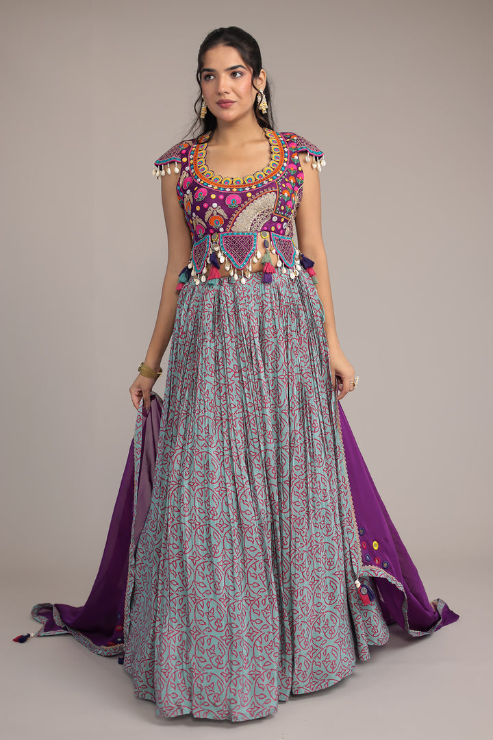 Printed Chinon Silk Embroidered Lehenga with Dori and Mirror work