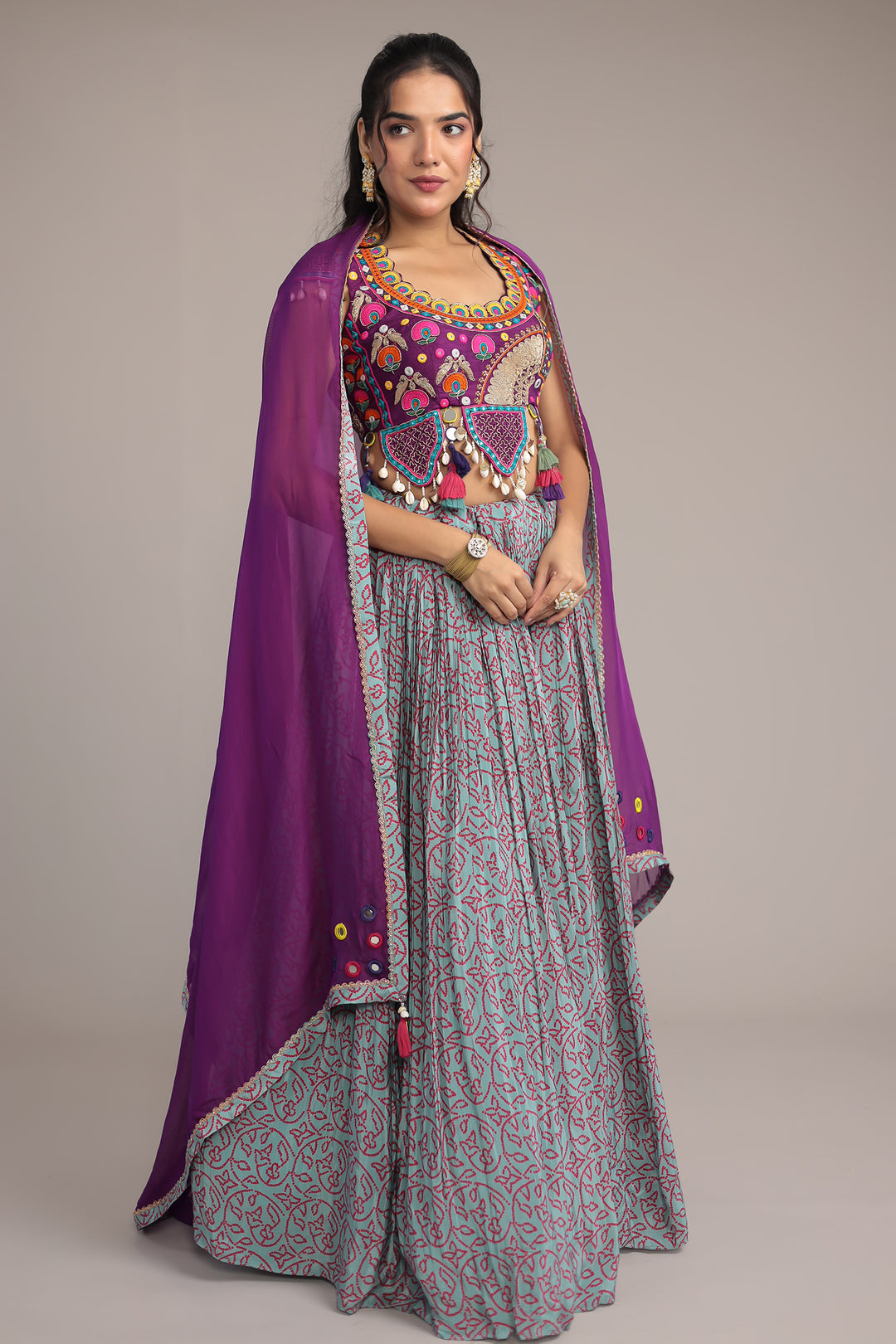 Printed Chinon Silk Embroidered Lehenga with Dori and Mirror work