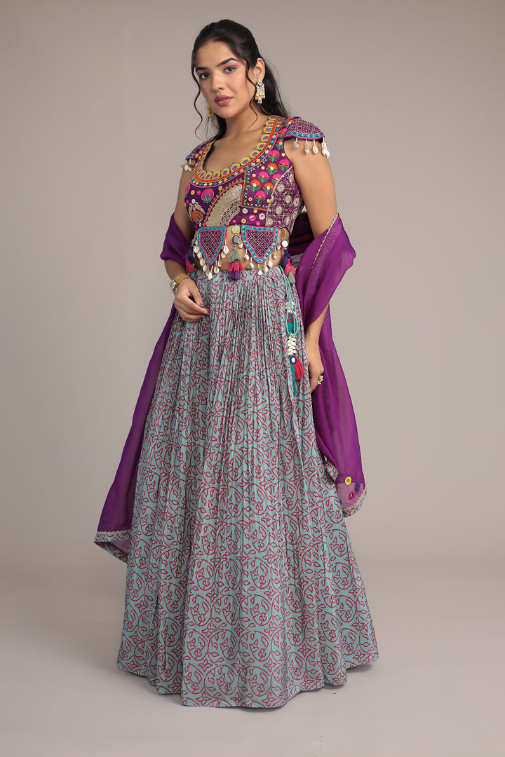 Printed Chinon Silk Embroidered Lehenga with Dori and Mirror work