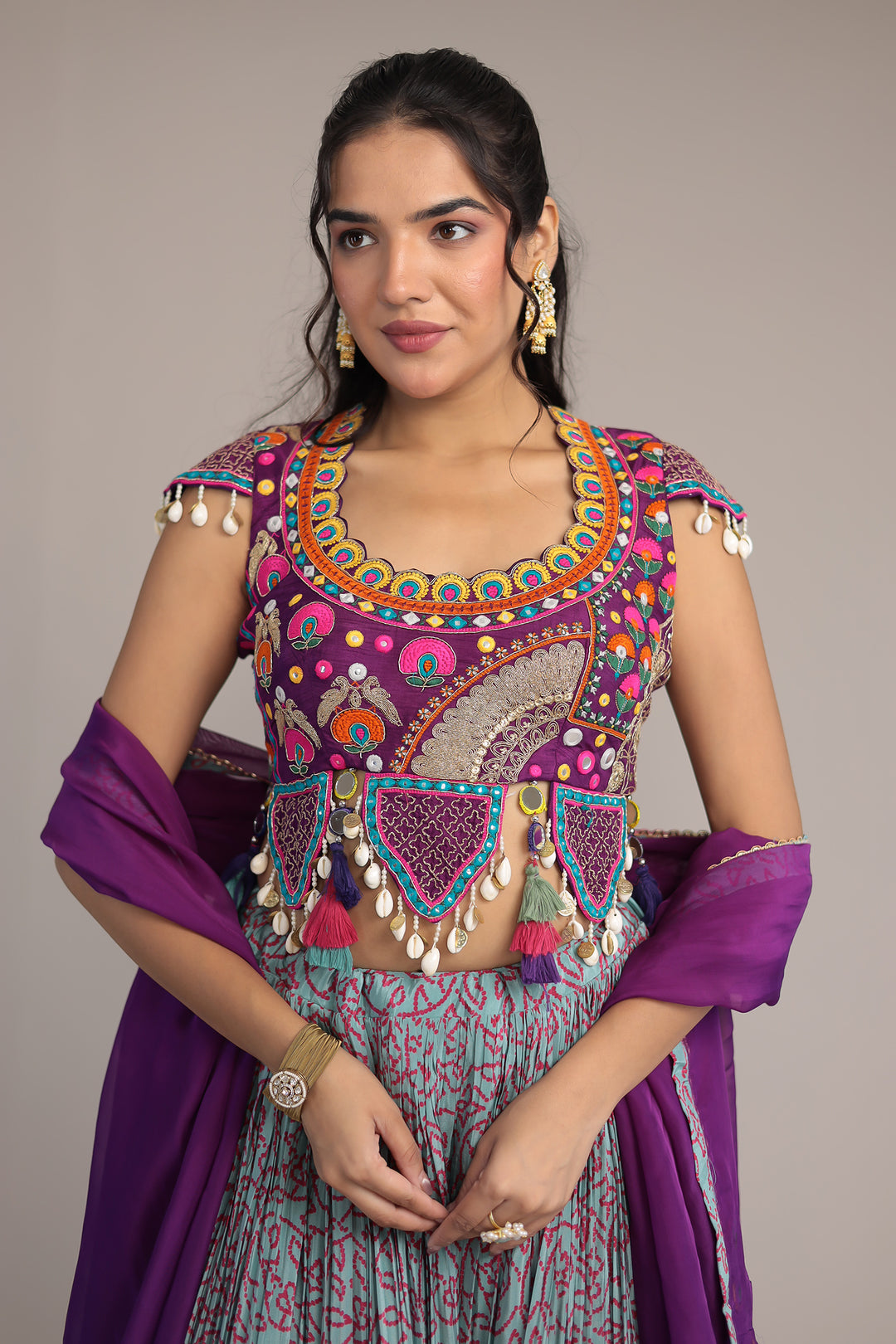 Printed Chinon Silk Embroidered Lehenga with Dori and Mirror work