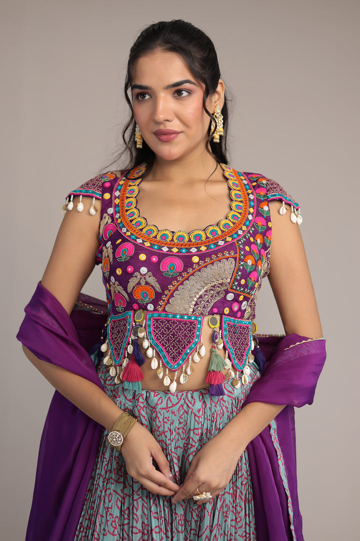 Printed Chinon Silk Embroidered Lehenga with Dori and Mirror work