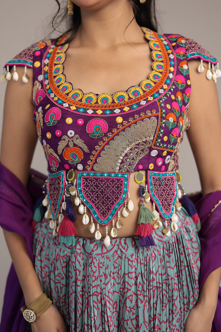 Printed Chinon Silk Embroidered Lehenga with Dori and Mirror work