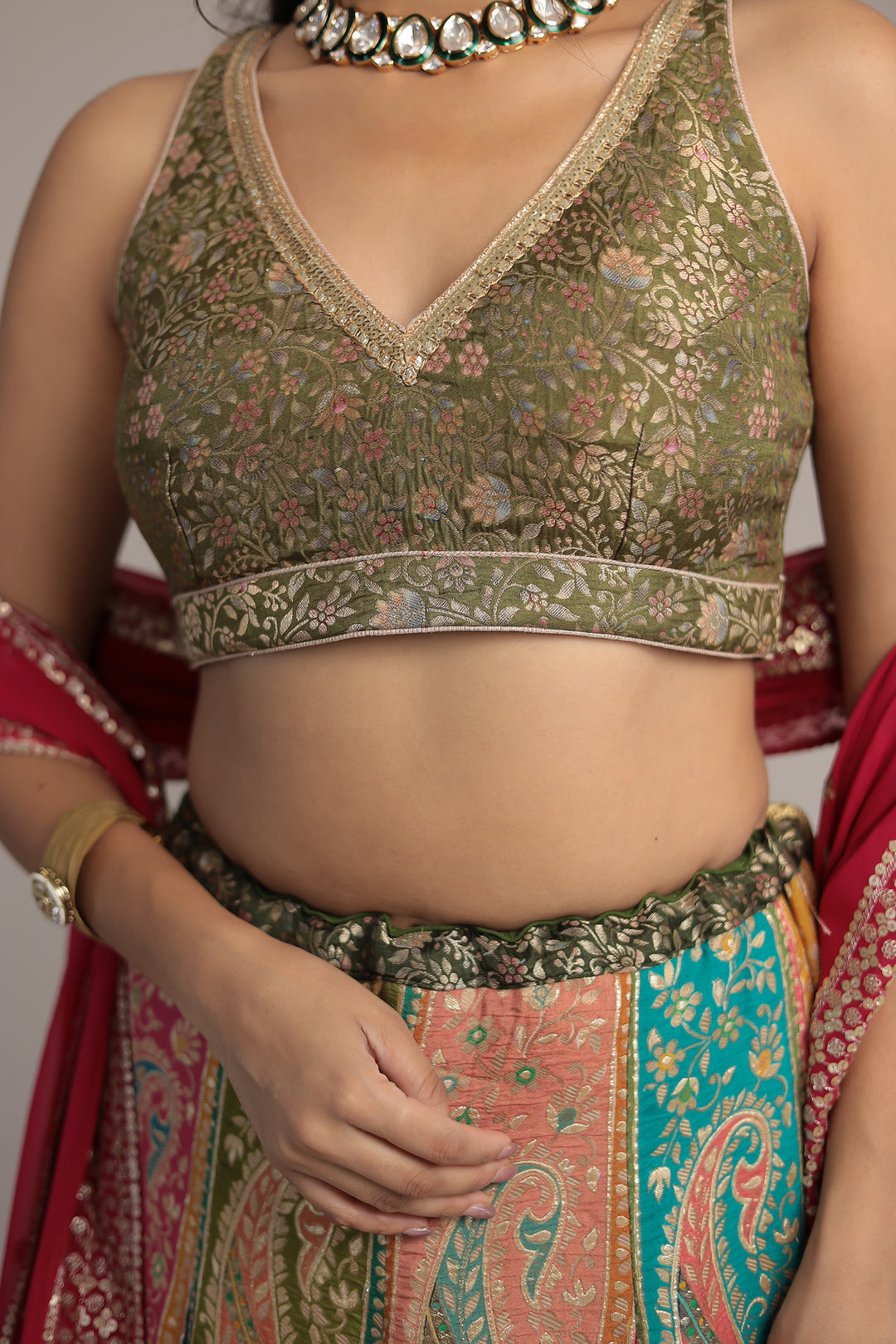 Handwoven Silk Lehenga Enhanced with Aari and Sequins work