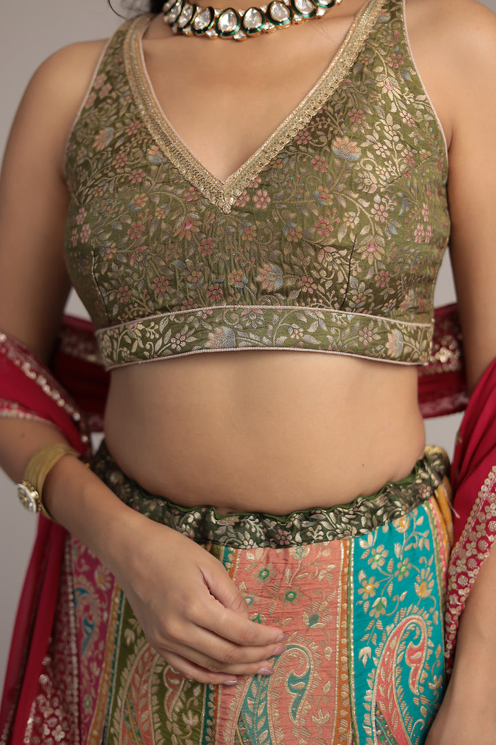 Handwoven Silk Lehenga Enhanced with Aari and Sequins work