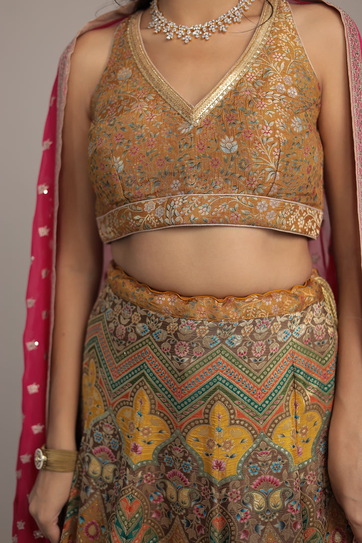 Multicolor Handwoven Silk Lehenga with Aari and Sequins work