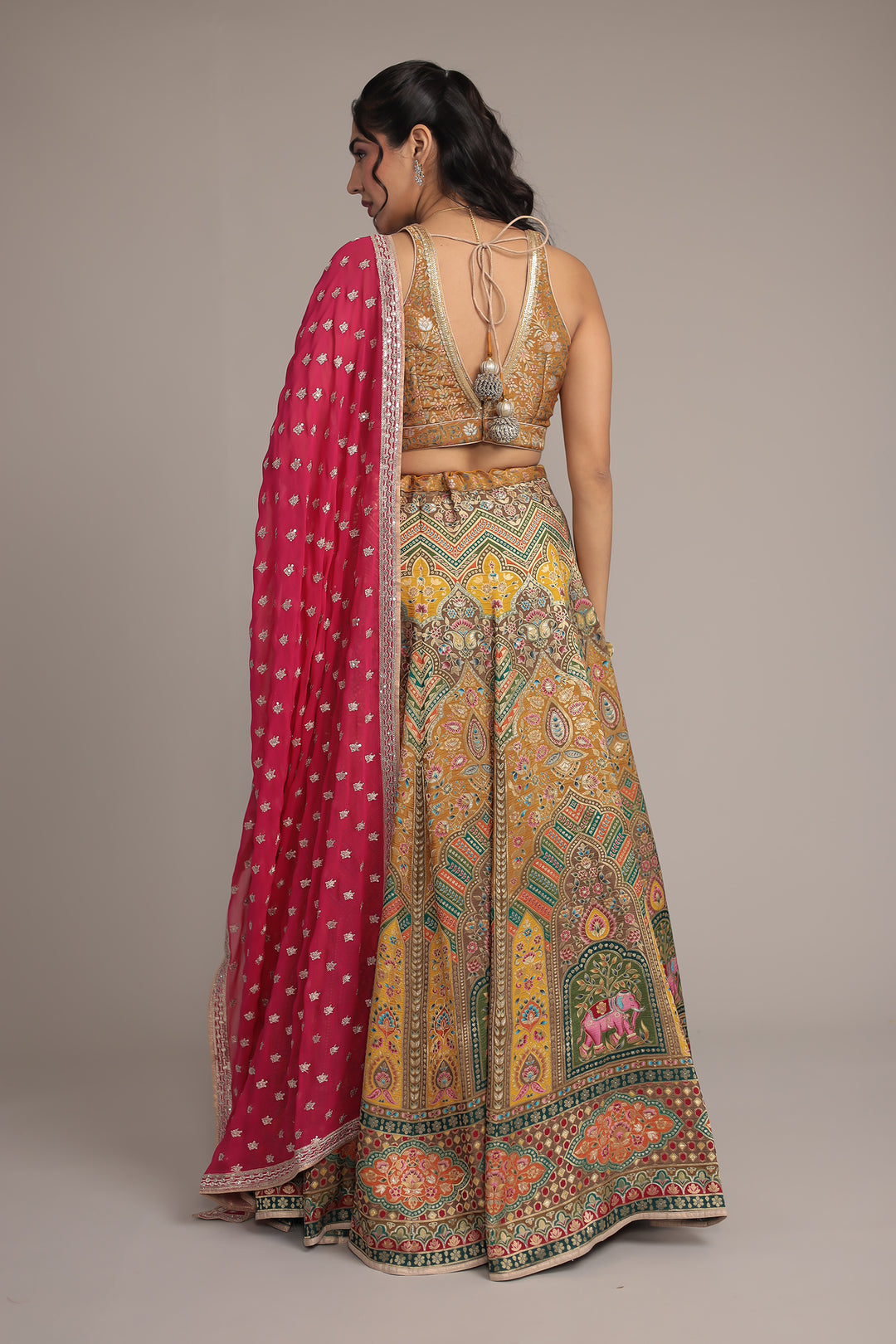 Multicolor Handwoven Silk Lehenga with Aari and Sequins work